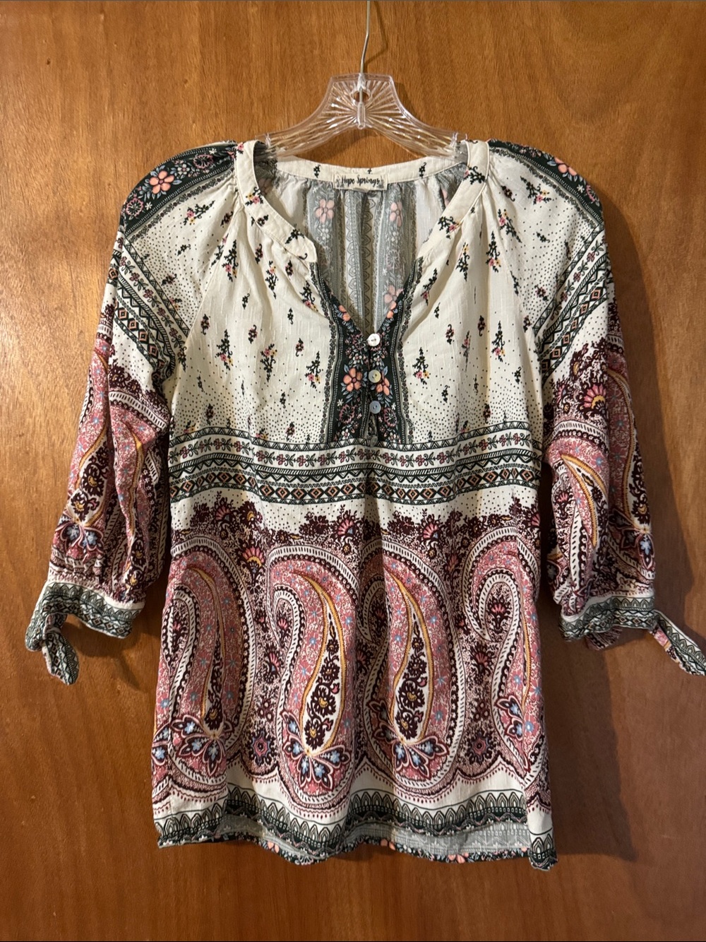 Hope Springs Boho Paisley Peasant Top - Cream, maroon and Pink 100% rayon  (mlb)